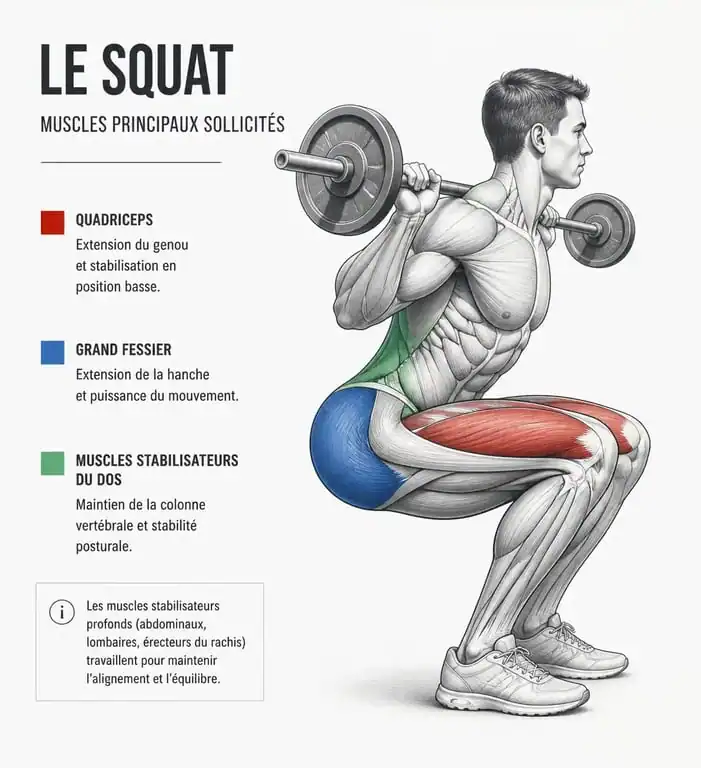 Schéma anatomique des muscles sollicités lors du squat