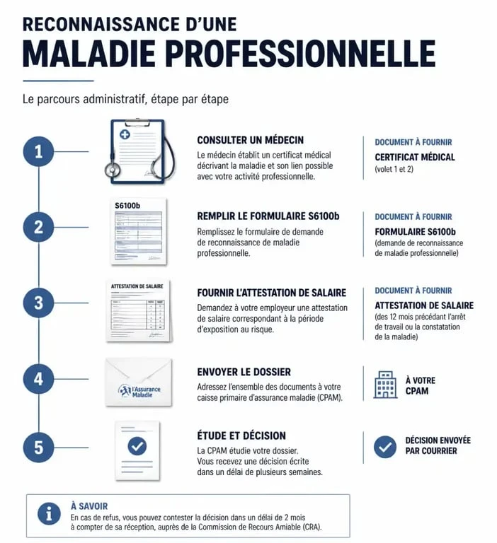 Schéma des étapes administratives pour la reconnaissance d'une tendinite du coude en maladie professionnelle