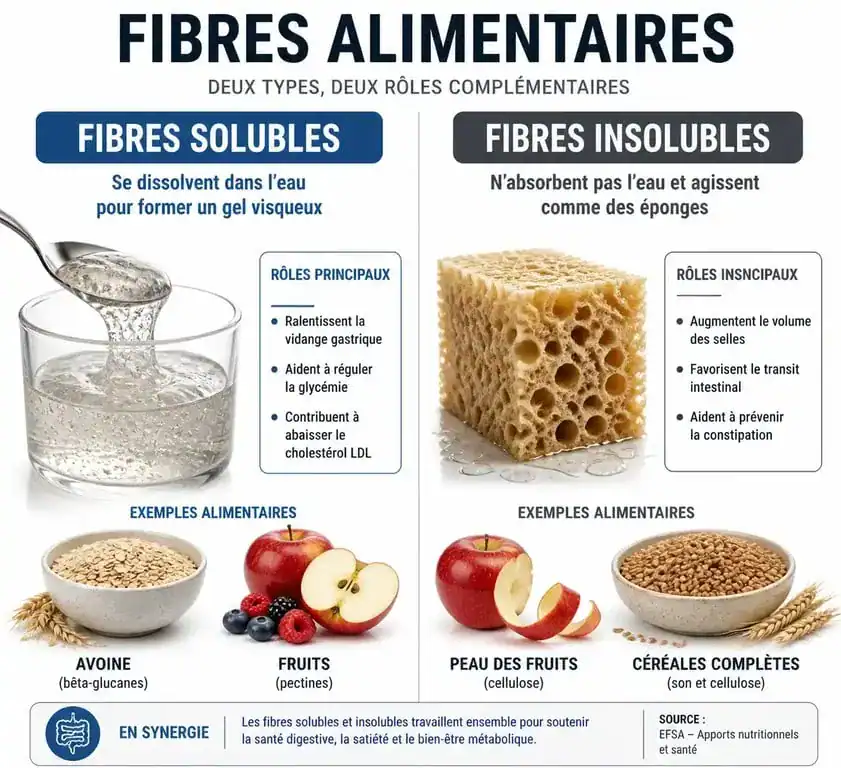 Infographie sur les bienfaits et types d'aliments contenant des fibres solubles et insolubles