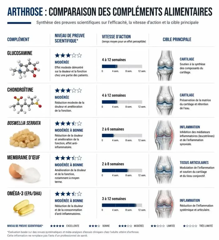 Infographie comparative des compléments alimentaires efficaces contre l'arthrose : glucosamine, chondroïtine et Boswellia.