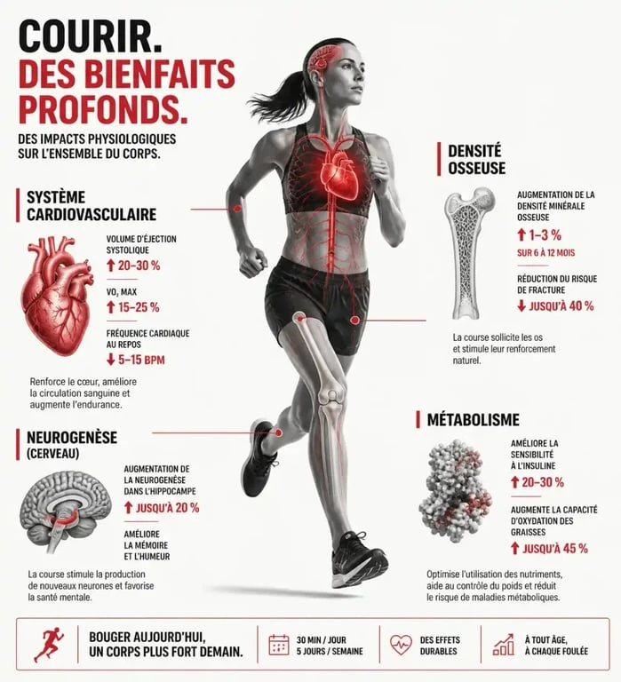 Infographie des 10 bienfaits de la course à pied sur la santé physique et mentale