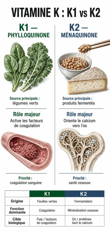 Infographie explicative sur les bienfaits et sources des aliments riches en vitamine K