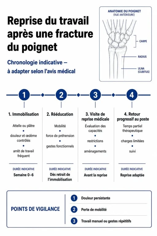 Infographie des étapes de la reprise du travail après une fracture du poignet