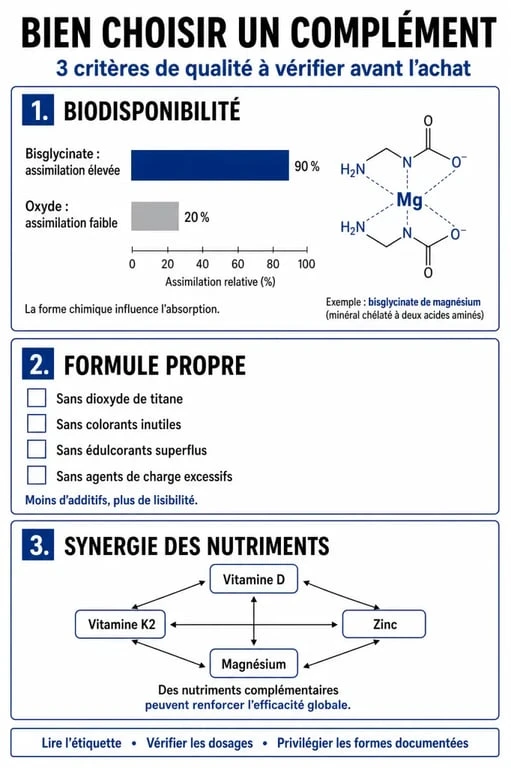 Infographie sur les critères de choix des meilleurs compléments multivitamines et minéraux pour une santé optimale