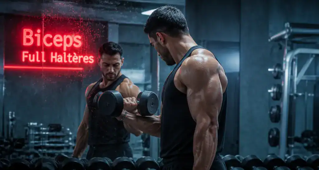 exercice bicep avec haltere devant miroir