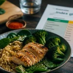 Les glucides font grossir : quinoa, poulet et index glycémique sur fond bleu clair
