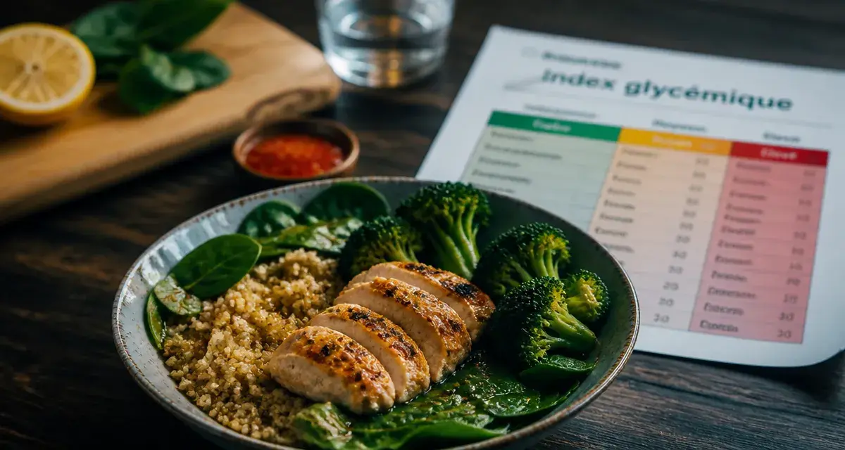 Les glucides font grossir : quinoa, poulet et index glycémique sur fond bleu clair