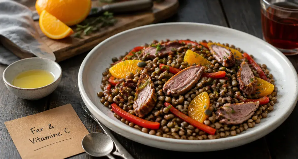 Liste d aliments riche en fer : salade de lentilles tièdes au canard, vitamine C