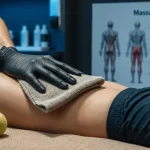 Massage nerf sciatique : kinésithérapeute masse la fesse avec balle de tennis