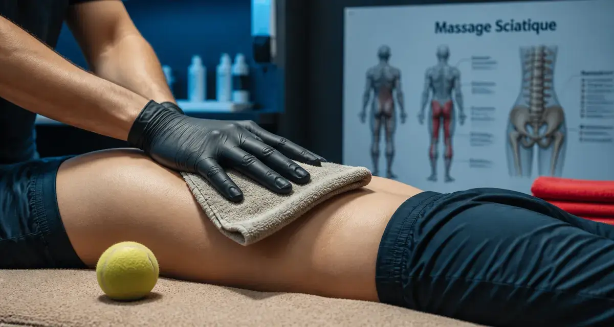 Massage nerf sciatique : kinésithérapeute masse la fesse avec balle de tennis