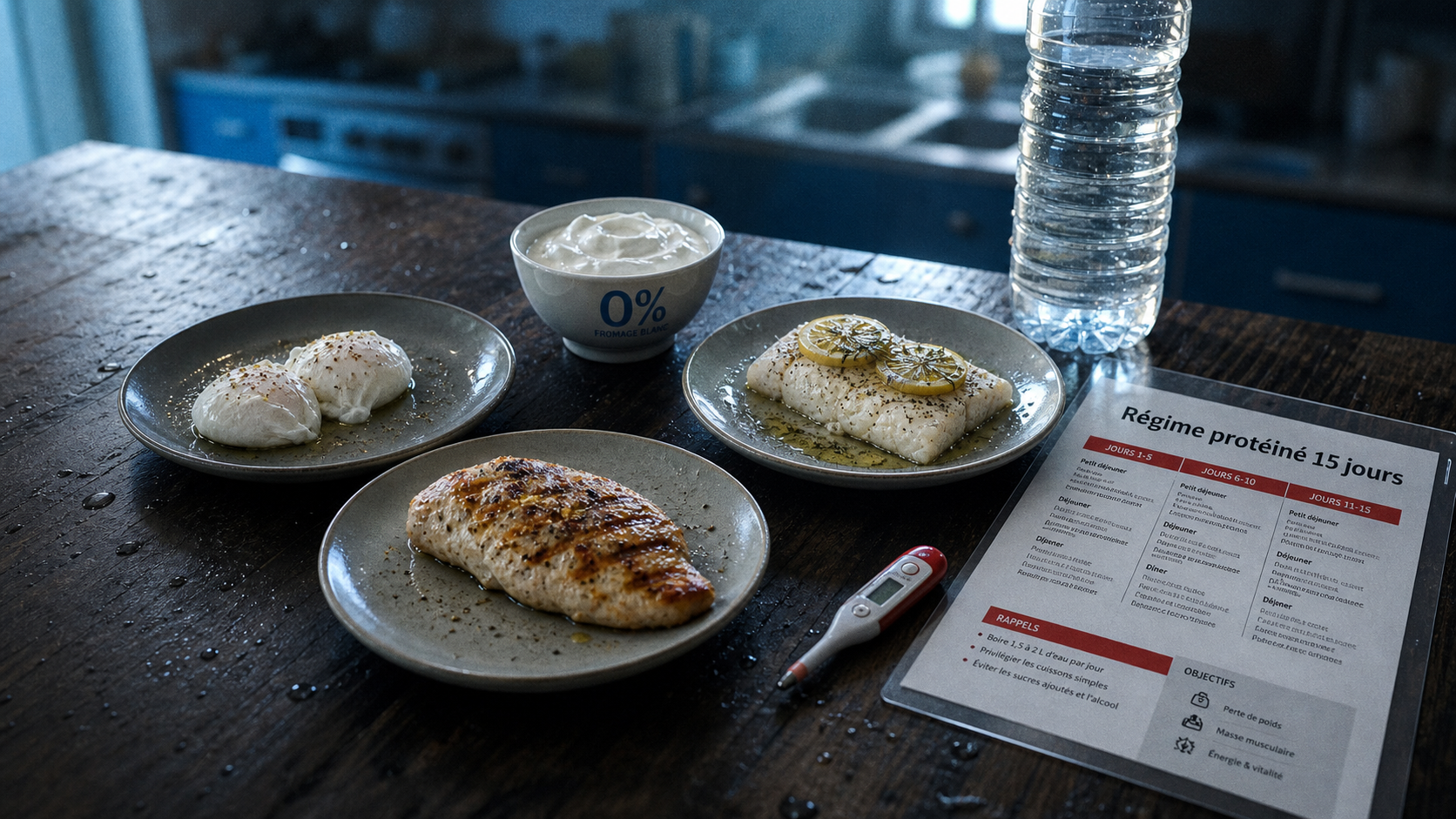 Regime proteine 15 jours : menu protéines (poulet, poisson, fromage blanc)