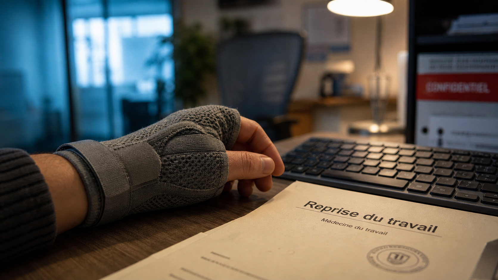 Reprise du travail après fracture du poignet : main en attelle au bureau