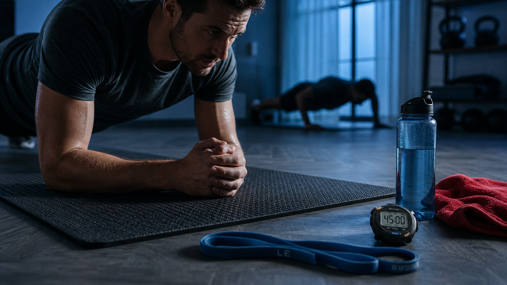 Séance de renforcement musculaire : planche sur avant-bras avec élastiques