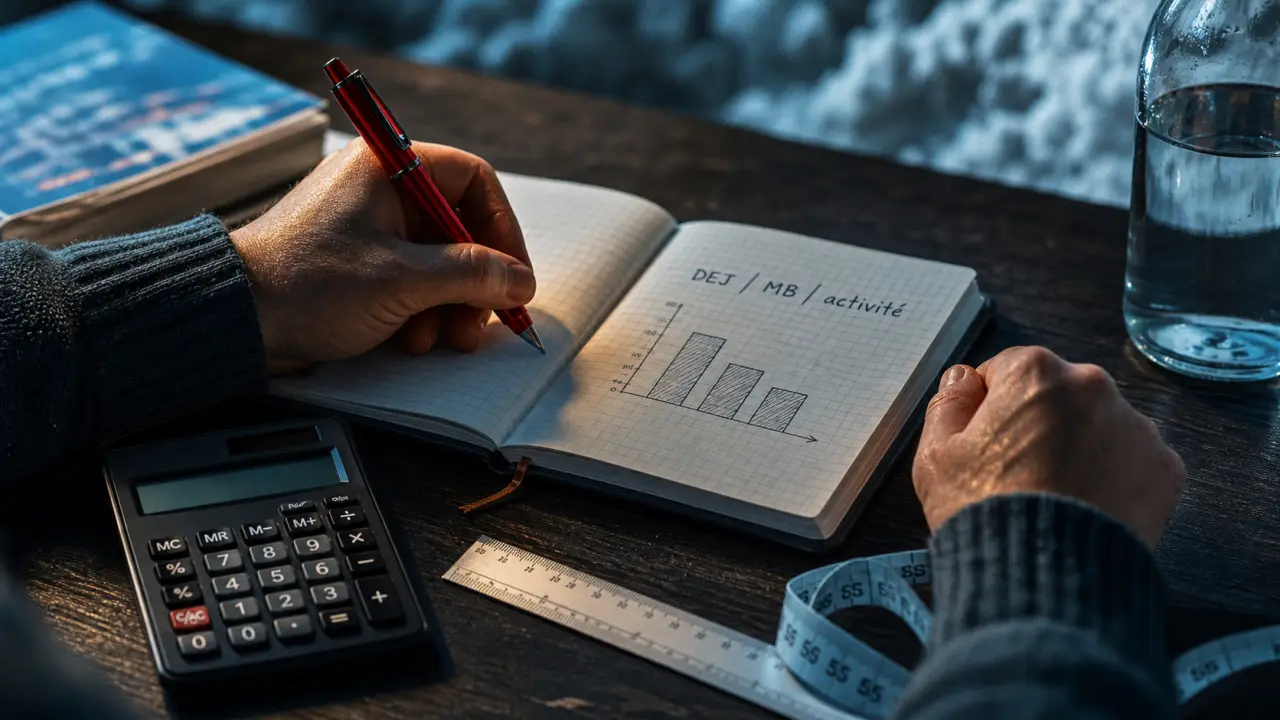 Calcul dépense énergétique DEJ, MB et NAP sur une calculatrice et un carnet