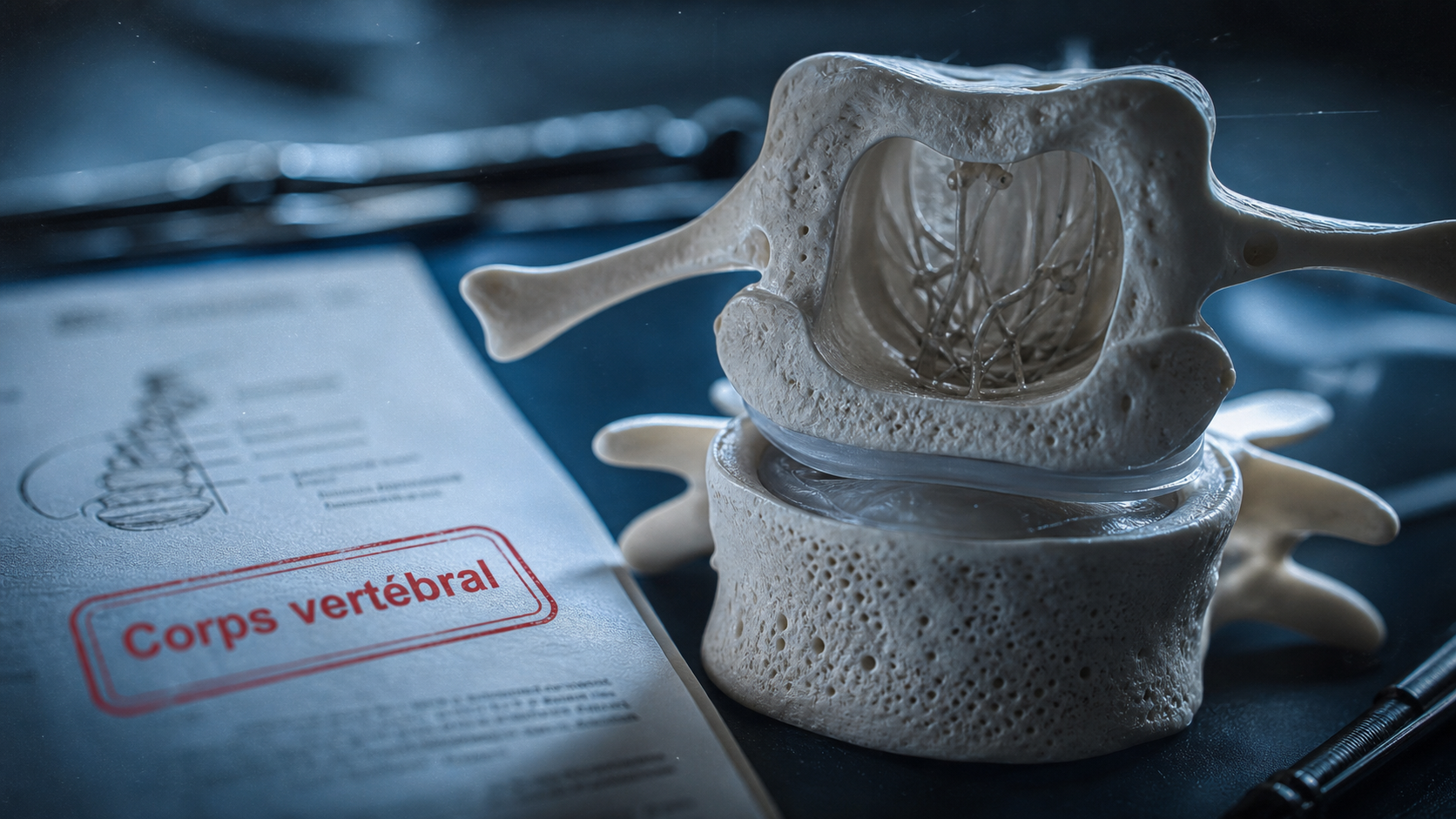 Maquette du corps vertebral et disque entre deux vertèbres, vue frontale