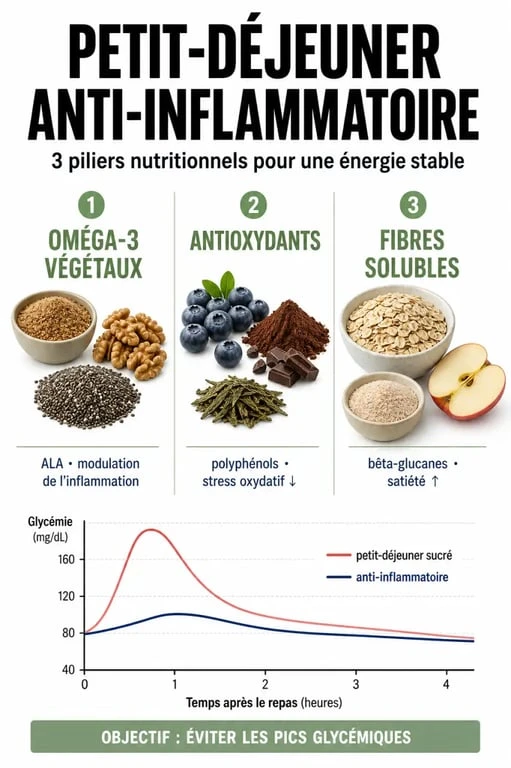 Infographie des piliers nutritionnels pour un petit-déjeuner anti-inflammatoire efficace