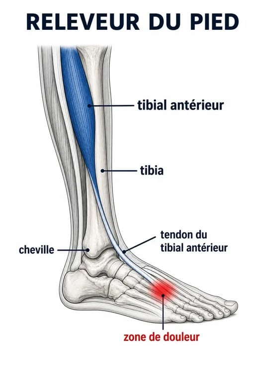 Schéma de la tendinite releveur du pied montrant le tibial antérieur et la zone douloureuse sur le dessus du pied