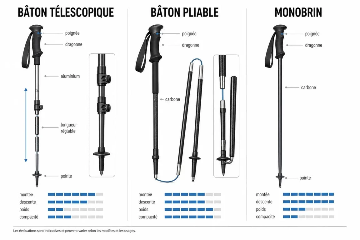 Comparatif visuel des critères pour choisir un baton de randonnee