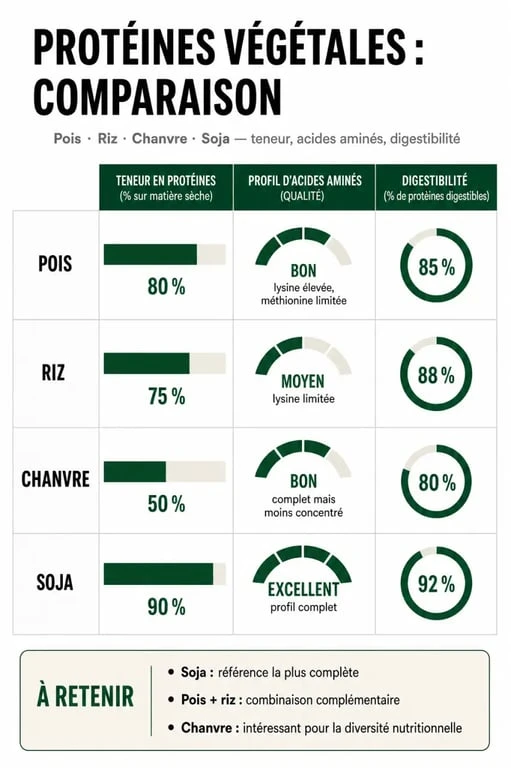 Infographie comparative des meilleures protéines vegan : pois, riz, chanvre et soja pour choisir sa supplémentation.