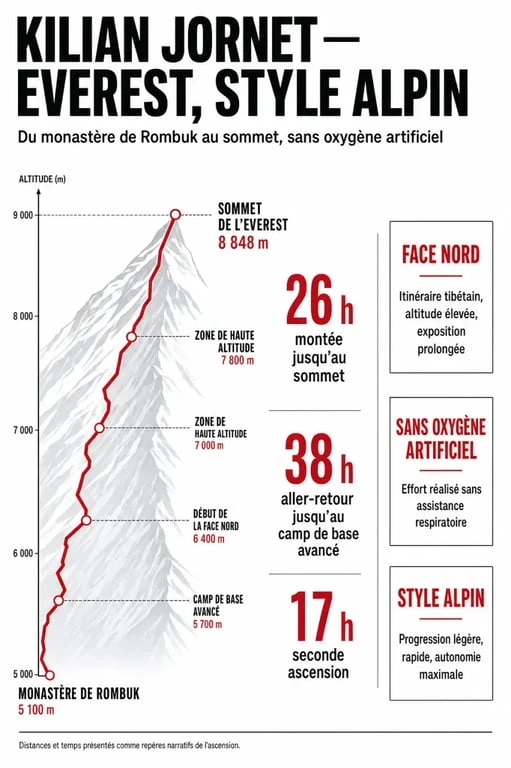 Kilian Jornet Everest temps : infographie sur 26 heures de montée depuis Rombuk