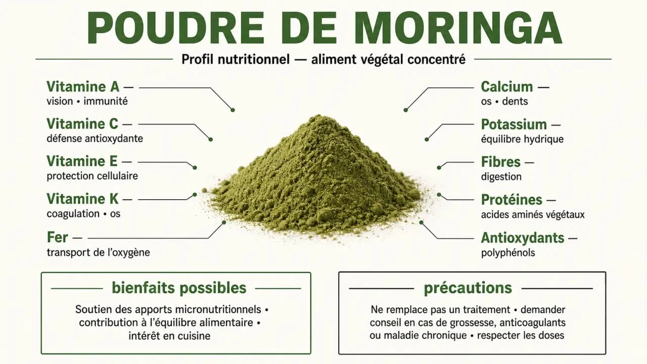 Poudre de moringa bienfait : infographie sur les nutriments, les bienfaits possibles et les précautions