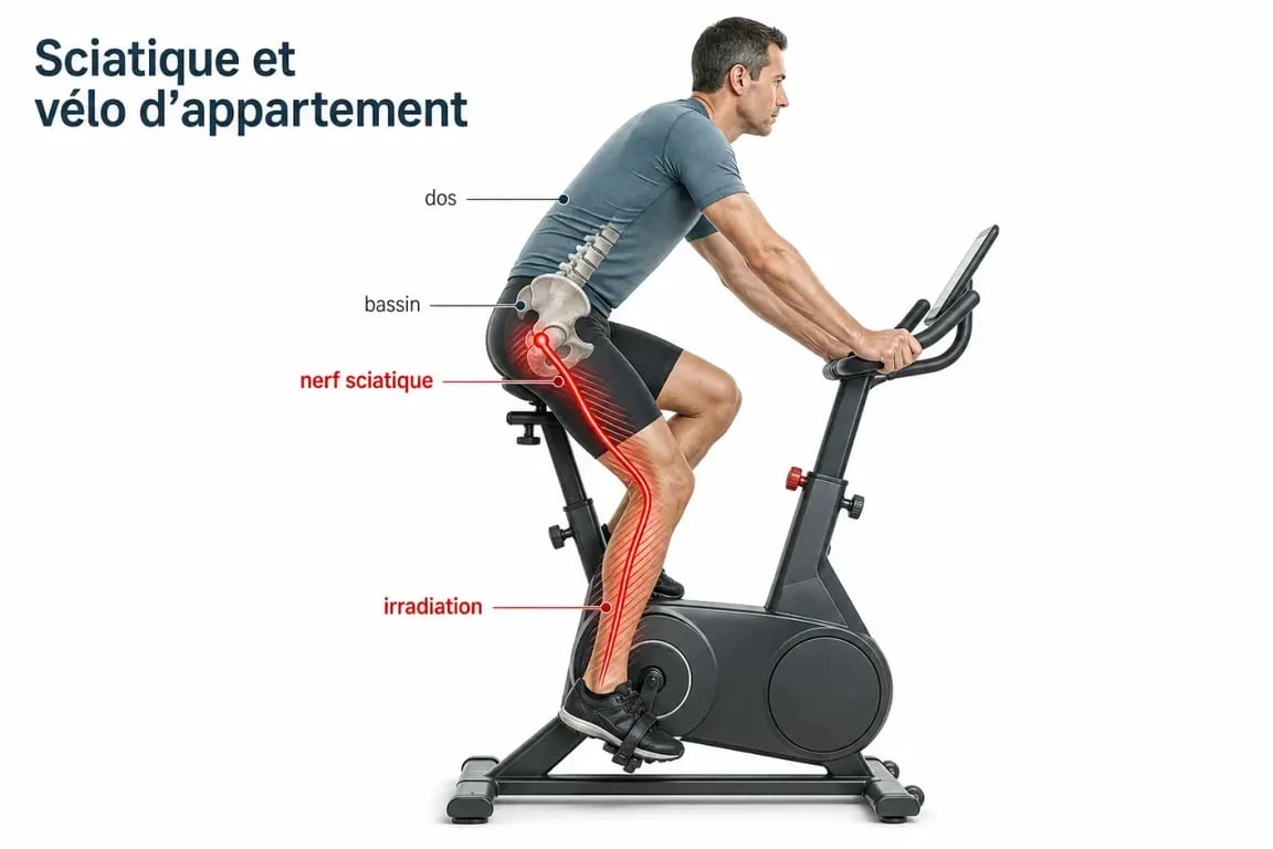 Sciatique et vélo : schéma du trajet du nerf sciatique et des zones de douleur à vélo