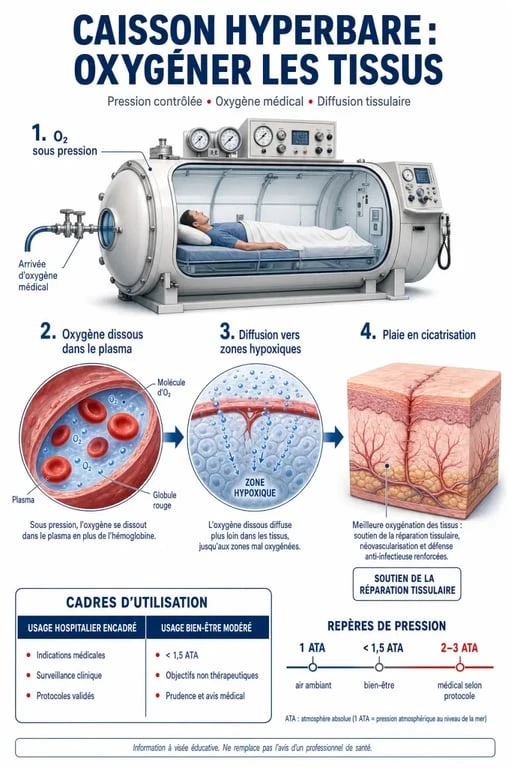 Les bienfaits du caisson hyperbare expliqués par un schéma médical : pression, oxygène dissous dans le plasma et cicatrisation des tissus