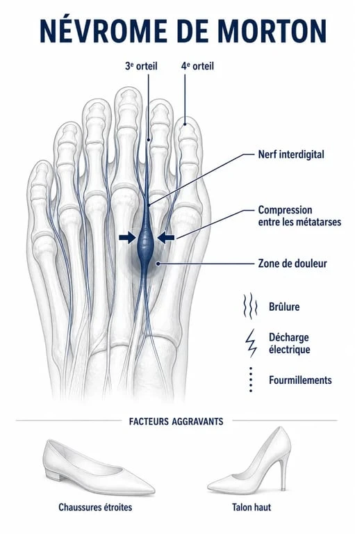 Infographie sur la maladie de Morton montrant la zone douloureuse de l’avant-pied et la compression du nerf interdigital