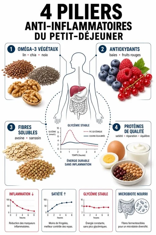 Infographie des piliers nutritionnels pour un petit déjeuner anti inflammatoire efficace