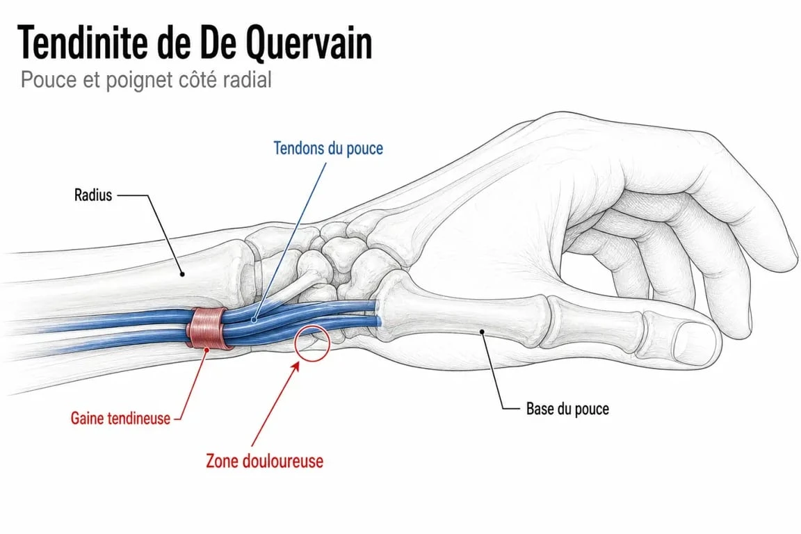 Schéma médical de l’inflammation du pouce montrant la zone de De Quervain à la base du pouce et au poignet