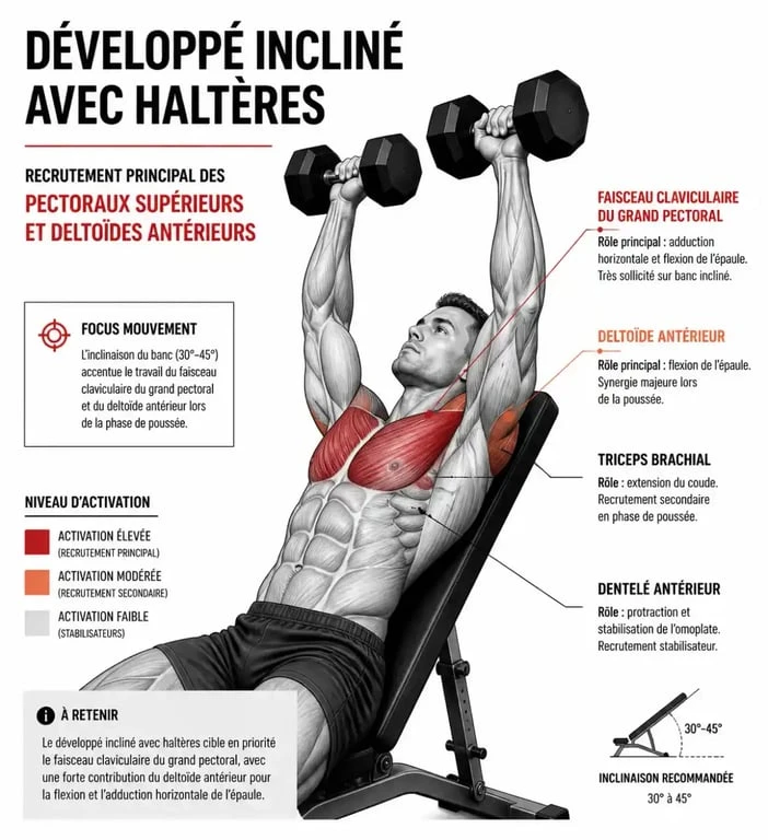 Schéma anatomique du développé incliné haltères ciblant les pectoraux supérieurs
