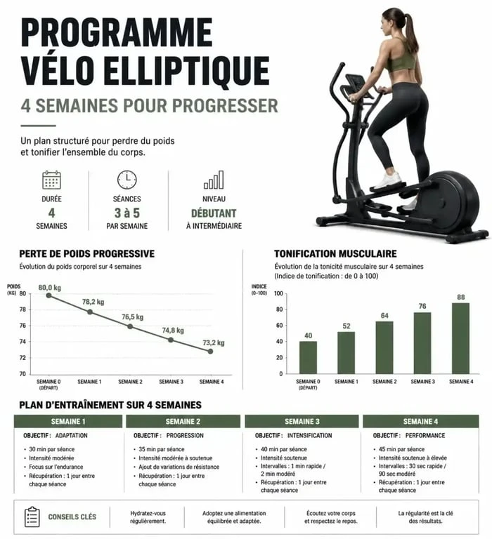 Infographie sur les effets du vélo elliptique avant après : progression sur 4 semaines et résultats attendus