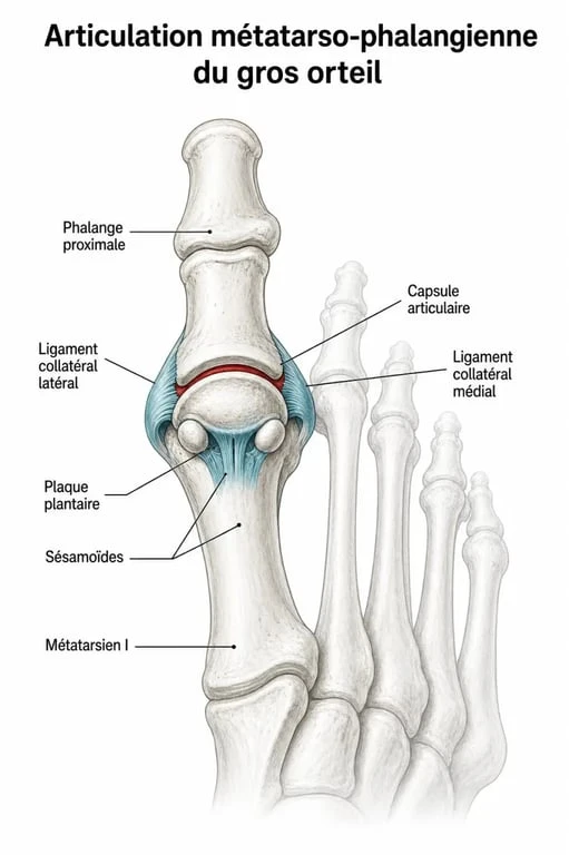 Schéma anatomique de l'articulation du gros orteil pour comprendre l'entorse