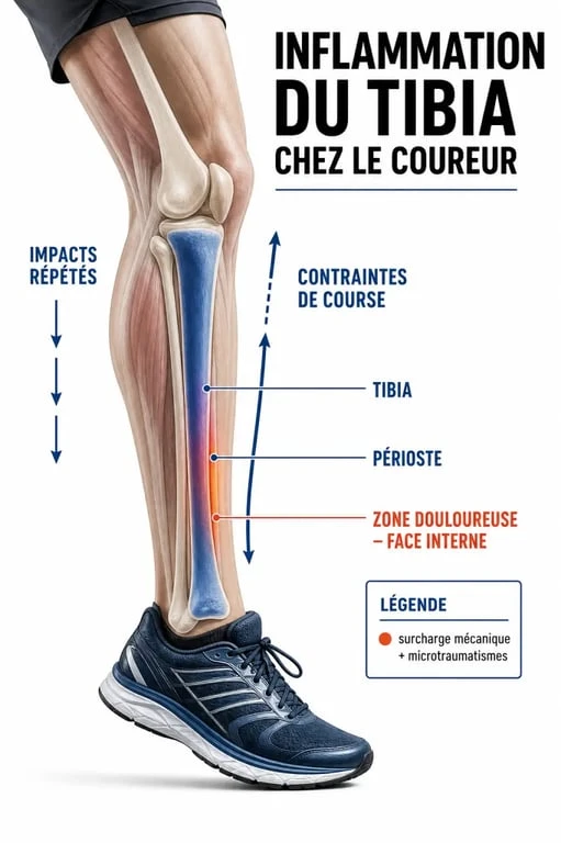 Illustration de l'inflammation tibia avec zone douloureuse le long du tibia et du périoste