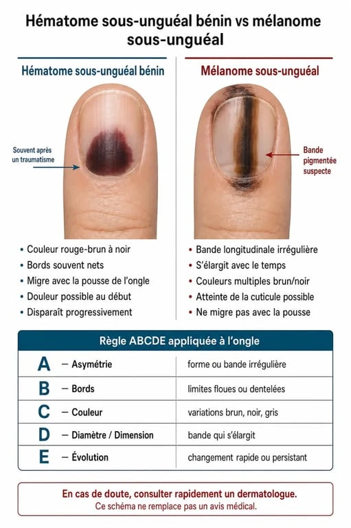 Schéma explicatif des signes d'un ongle noir : hématome vs mélanome