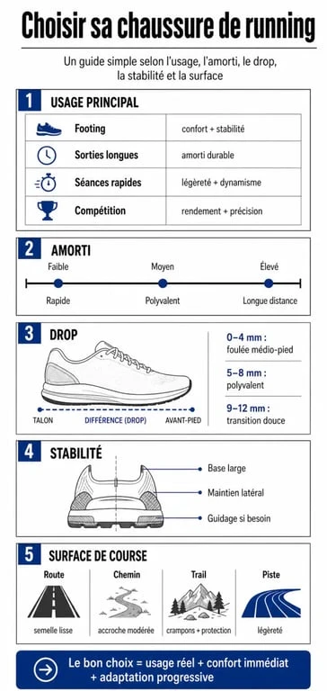 Infographie pour choisir la meilleure chaussure running selon l’usage, l’amorti et le drop