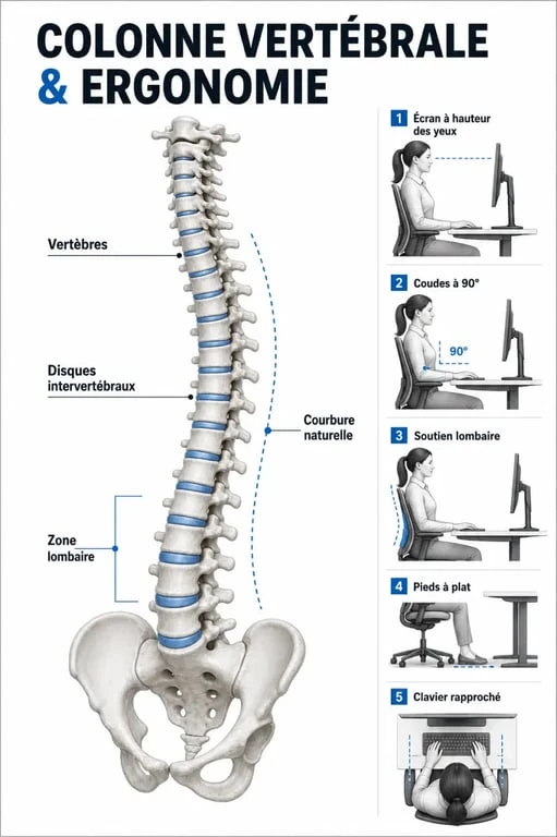 Schéma explicatif de la discopathie dégénérative et conseils d'ergonomie au travail pour rester actif