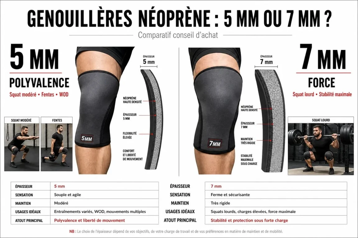 Comparatif genouillère musculation 5 mm et 7 mm en situation de squat