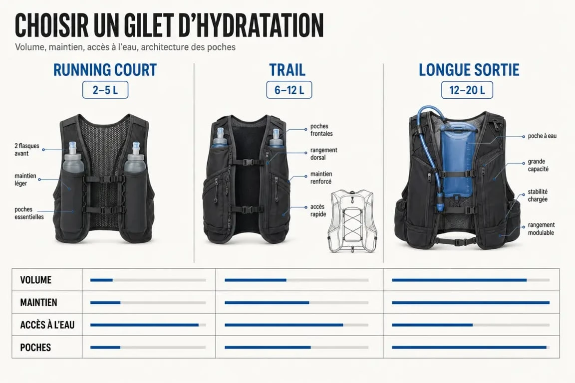 Comparatif de gilet hydratation pour trail, running et randonnée avec flasques, poche à eau et poches de rangement