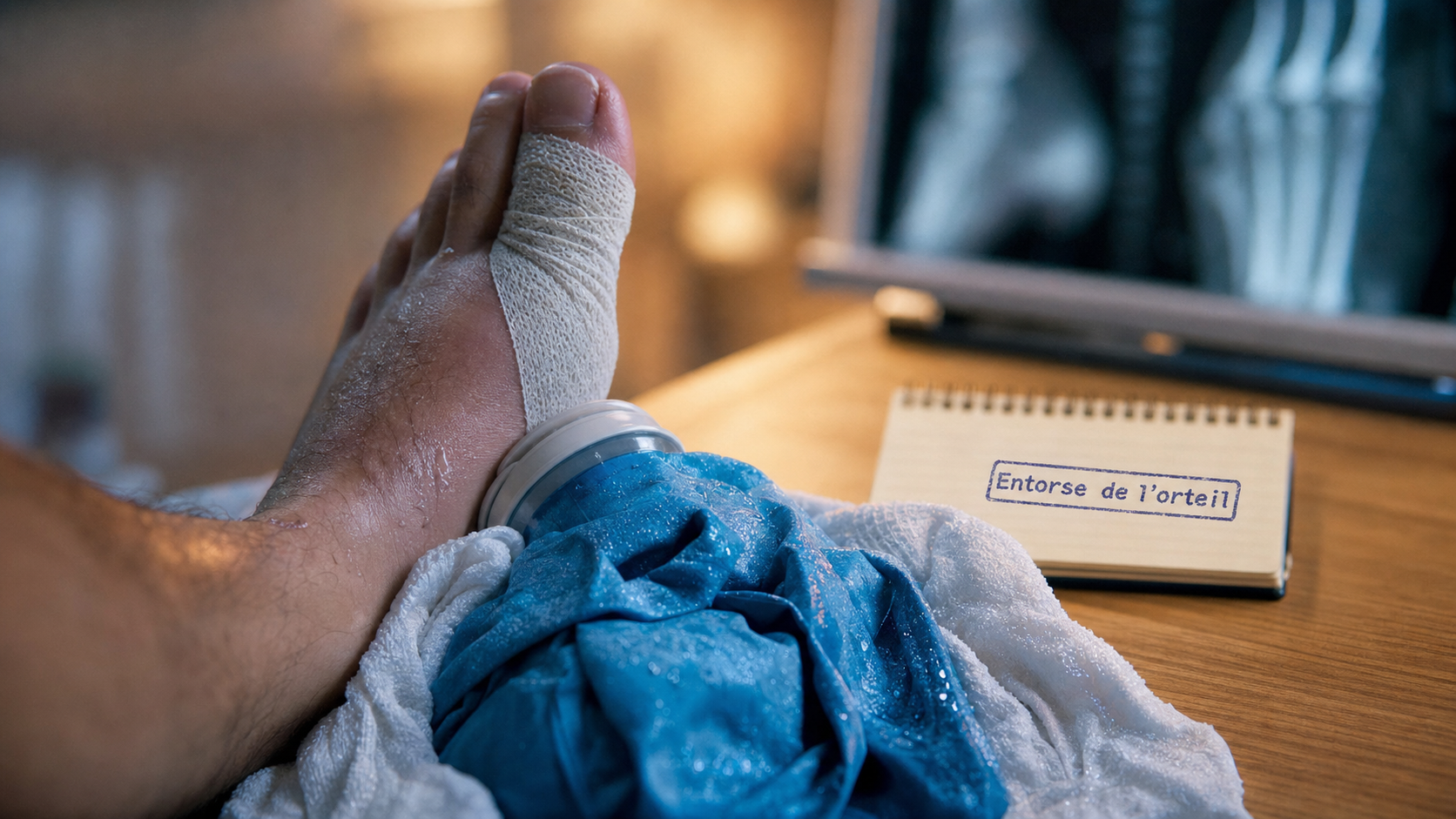 Entorse orteil : strapping et poche de glace sur l’orteil