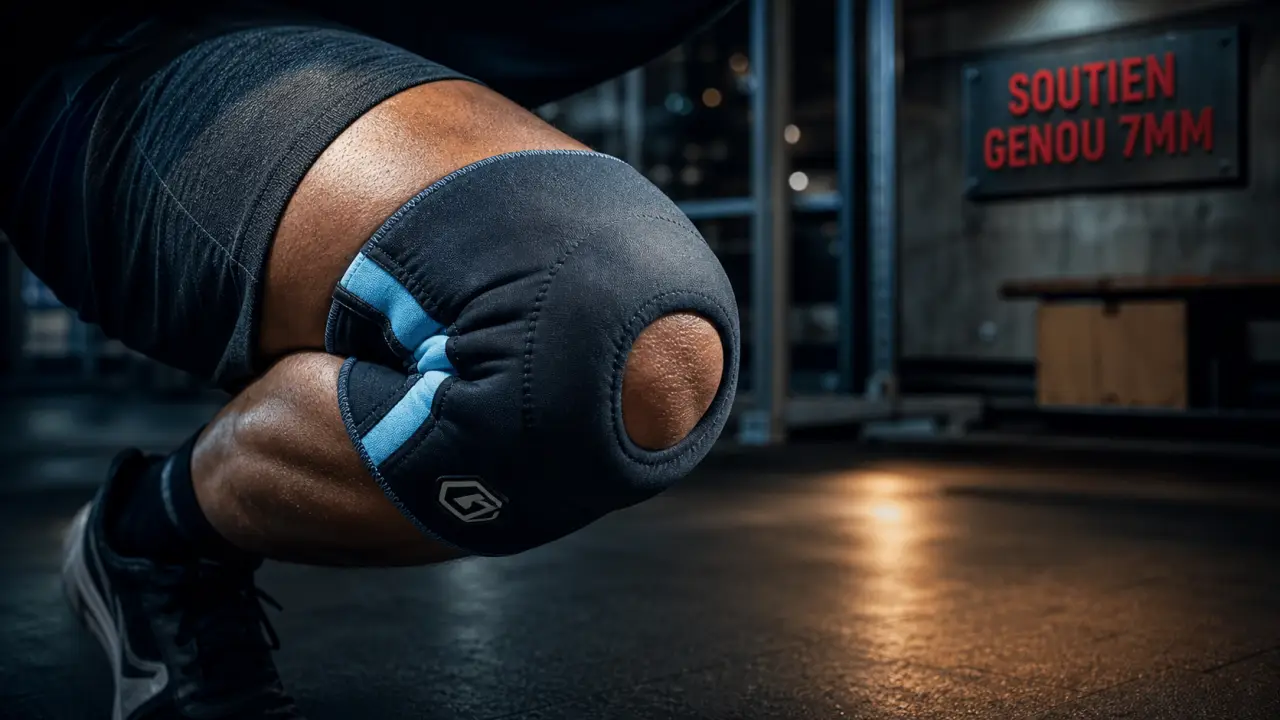 Genouillère musculation 7 mm en néoprène au squat, maintien et stabilité du genou