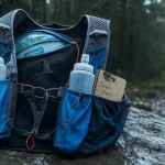 Gilet hydratation trail en forêt, flasques et poches