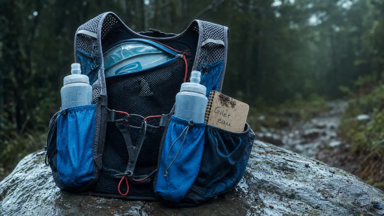 Gilet hydratation trail en forêt, flasques et poches