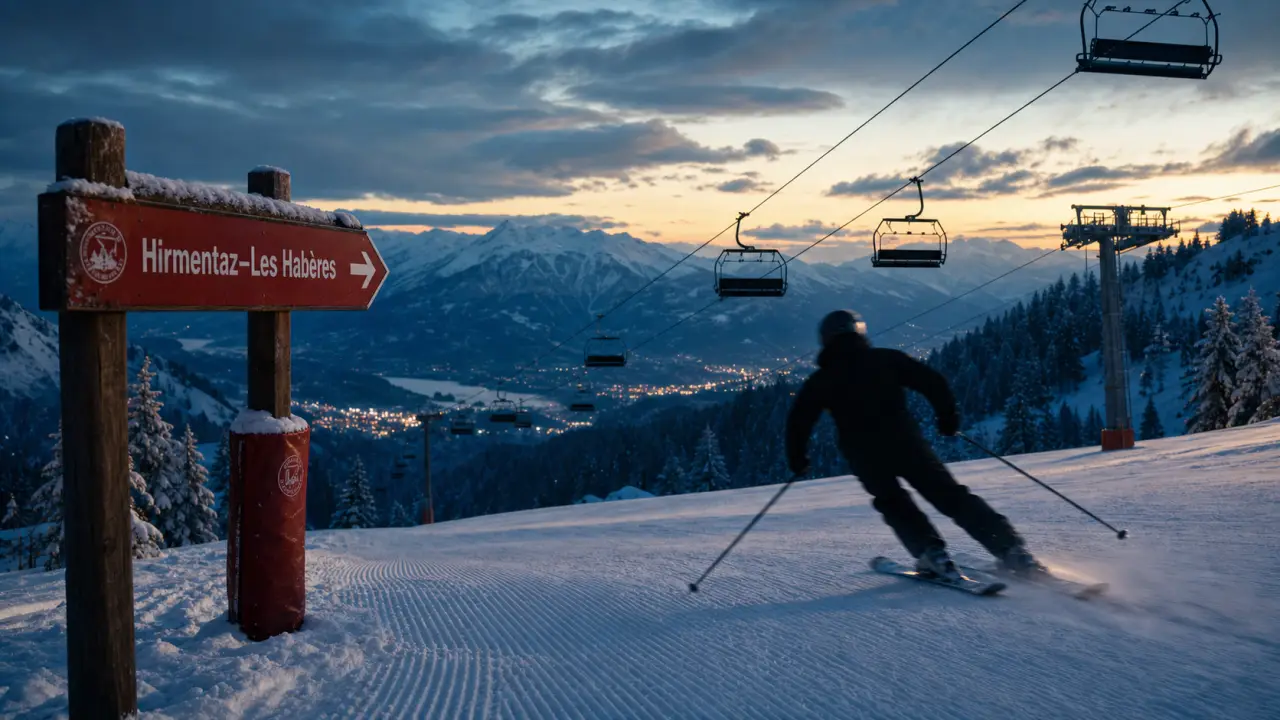 Hirmentaz ski : piste enneigée et télésiège vers Les Habères