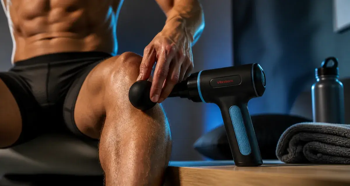 Massage vibrations : pistolet vibrant sur mollet en studio