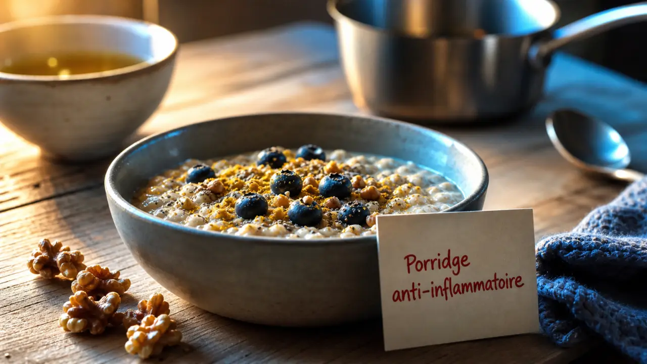 Petit dejeuner anti inflammatoire : porridge avoine, chia, myrtilles, curcuma