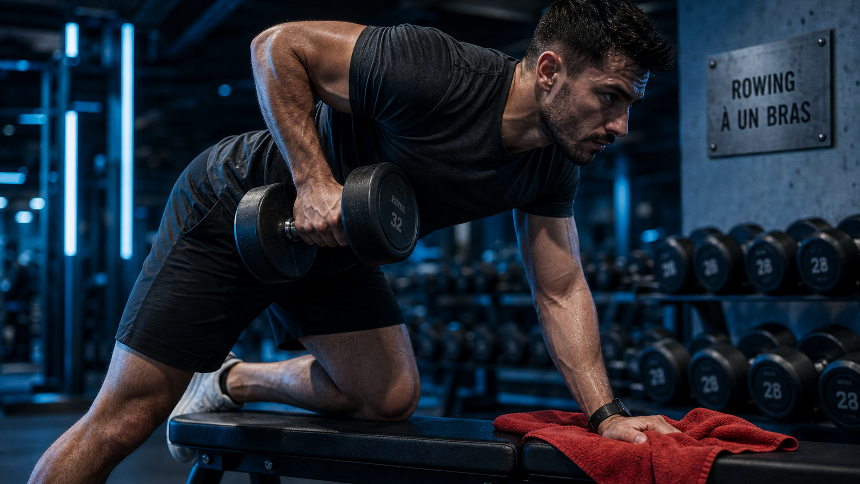 Rowing halteres à un bras pour muscler le dos en salle de sport