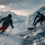 Skiing surfing : neige contre vague, skieur et surfeur, budget