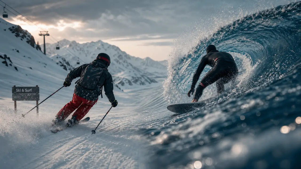 Skiing surfing : neige contre vague, skieur et surfeur, budget