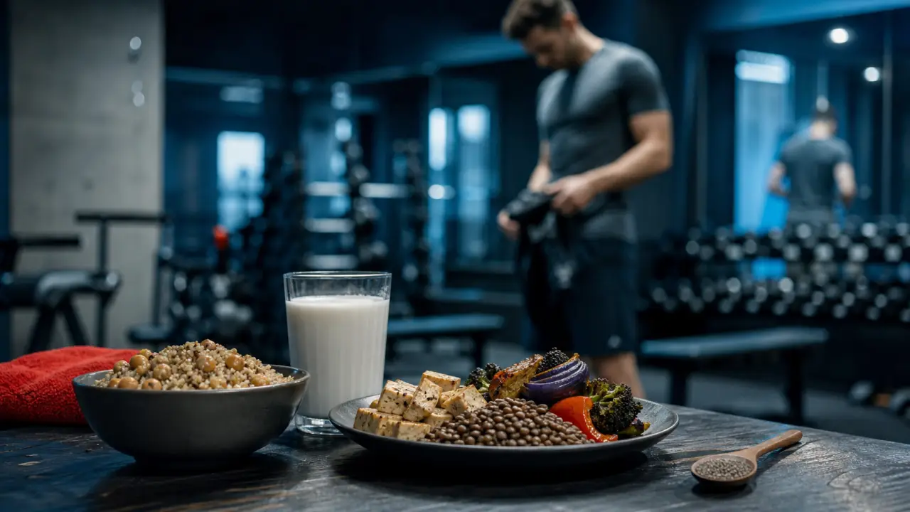 Sportif vegan : bol quinoa, pois chiches, tofu, protéines et B12 en salle de sport